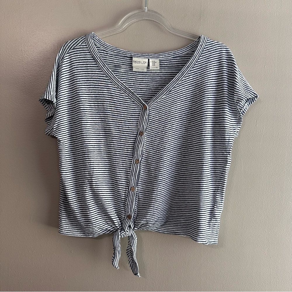 Rachel Zoe 100% Linen White Navy Blue Stripe Button Front Blouse Womens Medium